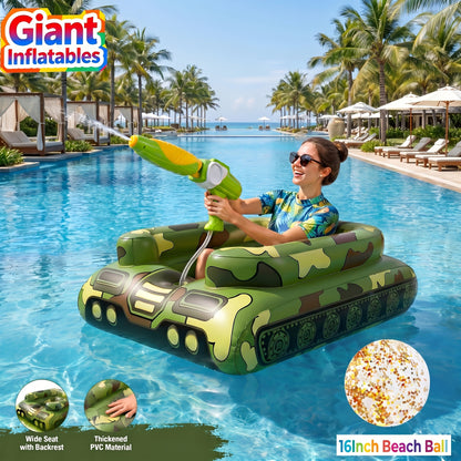 Ride-On Inflatable Pool Floats in Yellow Duck or 60-Inch Green Tank Styles with 16-Inch Beach Ball