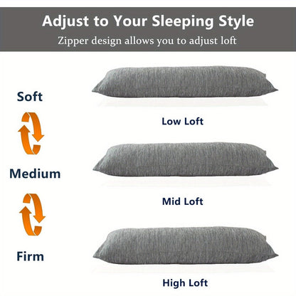 Full-Length Body Pillow, 20 x 54 Inches, Adjustable Fill in Cooling Grey, White or Pink for Adult Beds