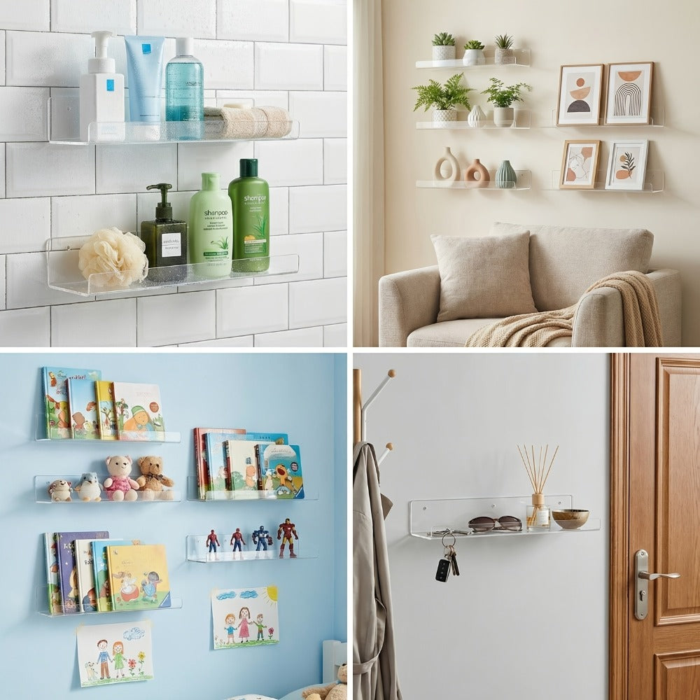 Clear Acrylic Wall Display Shelf Set in 15 x 4-Inch Size with 4, 8 or 16 Shelves and Mounting Hardware