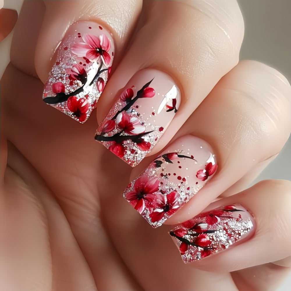 Press On Nails 120-Piece Medium Square Set with Glossy Floral and Striped Designs in Five Packs