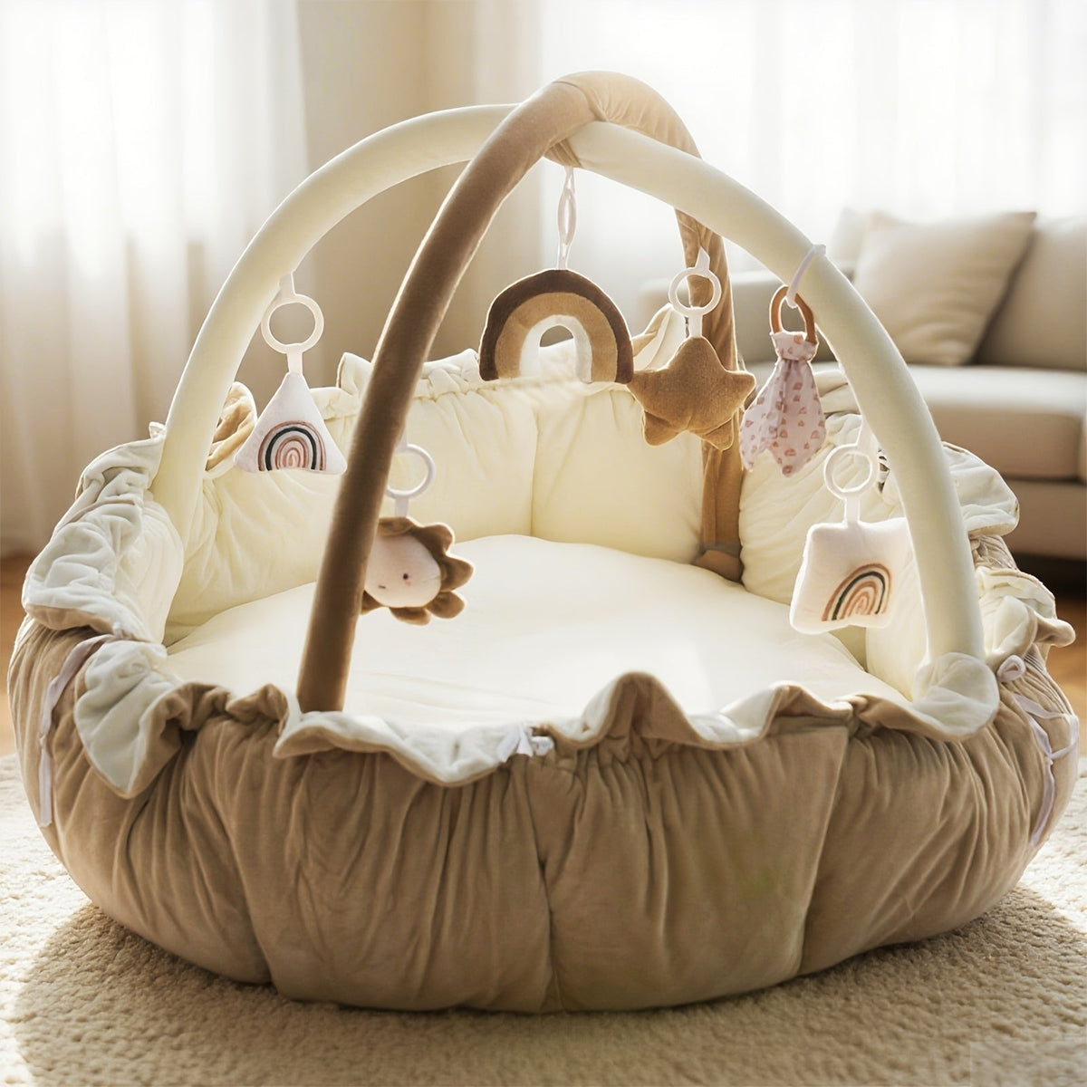Convertible Round Pet Play Mat and Bed with Raised Sides, Removable Arches and Six Hanging Toys