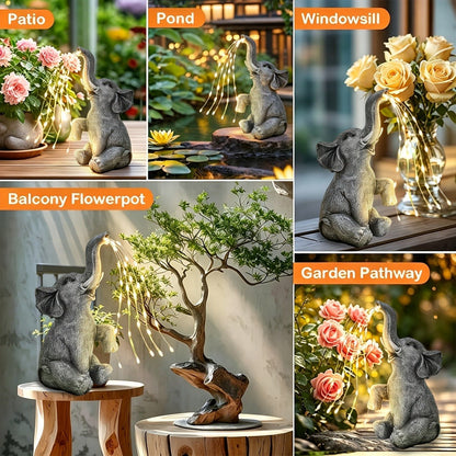 Solar Garden Light Elephant Sculpture with LED Water-Spray Effect, IP44 Rating and Freestanding Display