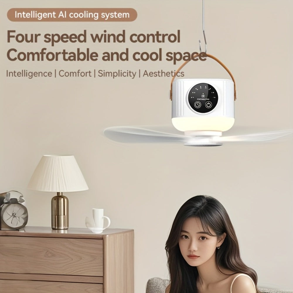 Portable Fan, USB-Powered Hanging Tent Model with Remote Control, LED Light and Optional Triangular Stand