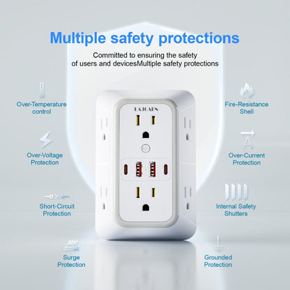 3-Sided Wall Outlet Extender 10-in-1 with 6 AC Outlets & 4 USB Ports (2 USB-A & 2 USB-C), 1050J Surge Protector Multi-Plug Adapter for Home, Travel, Office & College