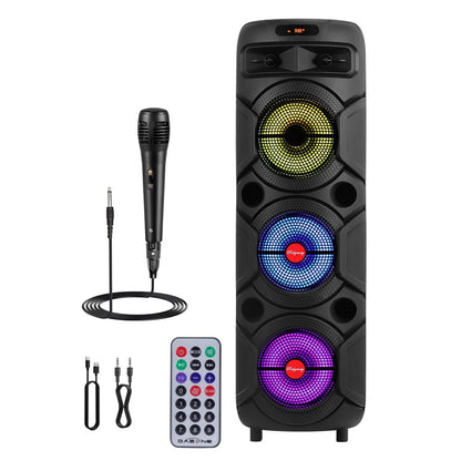 Triple 8-Inch Subwoofer PA Party Speaker with Wireless Stereo Pairing, LED Color Lights, FM Radio, USB & TF Playback, Wired Mic, Home Theater Sound System for Parties, Outdoors & Events