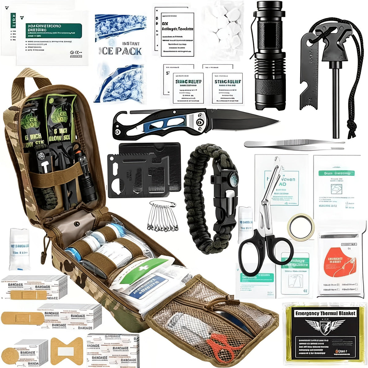 217-Piece Outdoor Tool and First Aid Supply Kit with MOLLE Bag in Nine Color-Labeled Options