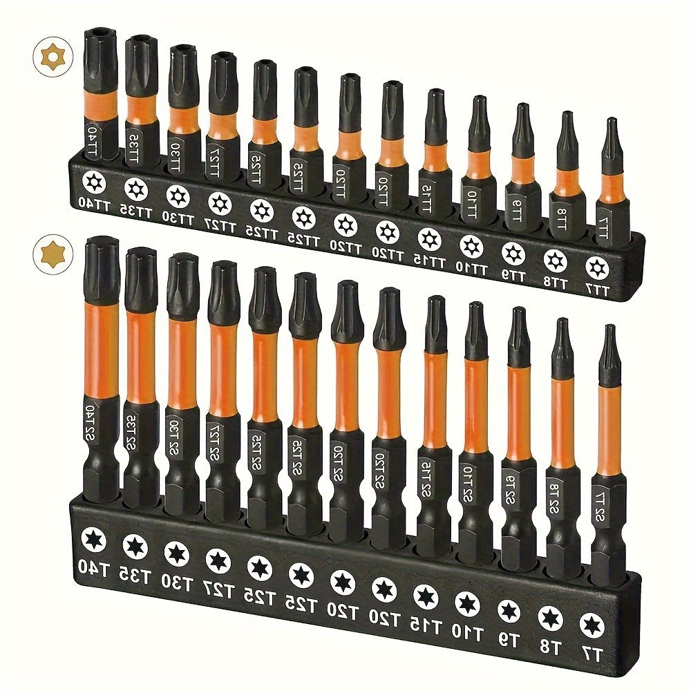 Impact Torx Bit Set 26pcs T7-T40 S2 Steel CNC Machined Tips Security Tamper-Proof Torx Bits 1" & 2" Lengths for Impact Drivers Drills Power Tools Automotive Repair DIY Projects