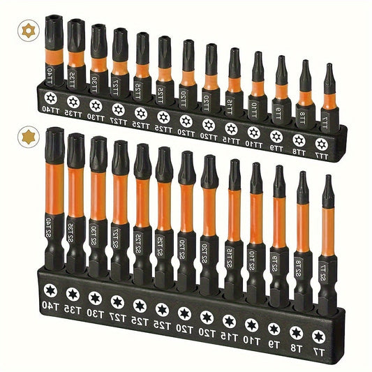 Impact Torx Bit Set 26pcs T7-T40 S2 Steel CNC Machined Tips Security Tamper-Proof Torx Bits 1" & 2" Lengths for Impact Drivers Drills Power Tools Automotive Repair DIY Projects