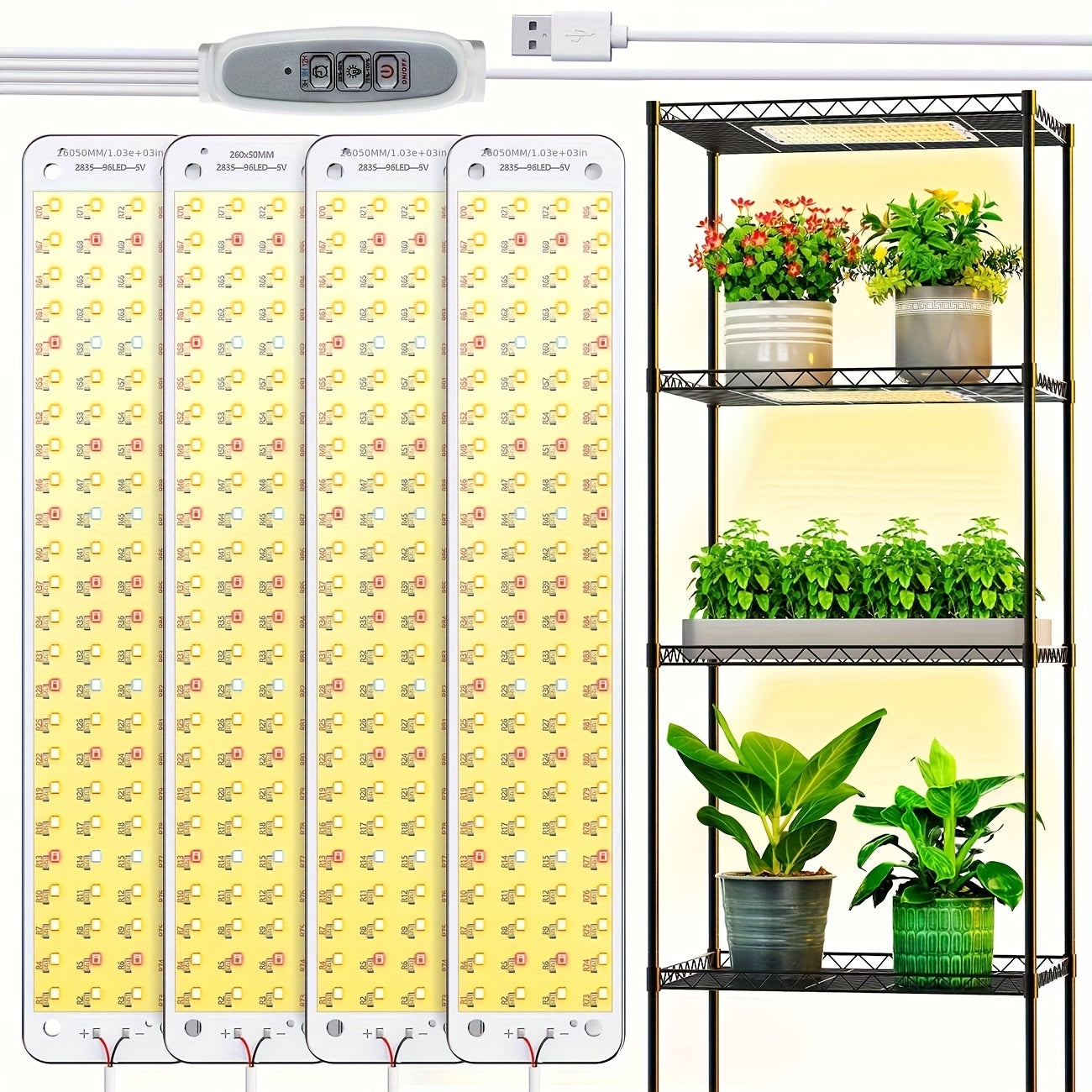 Four-Panel 5V USB Plant Light Kit with 96-LED Boards, Timer Controller and Shelf Mounting Pieces