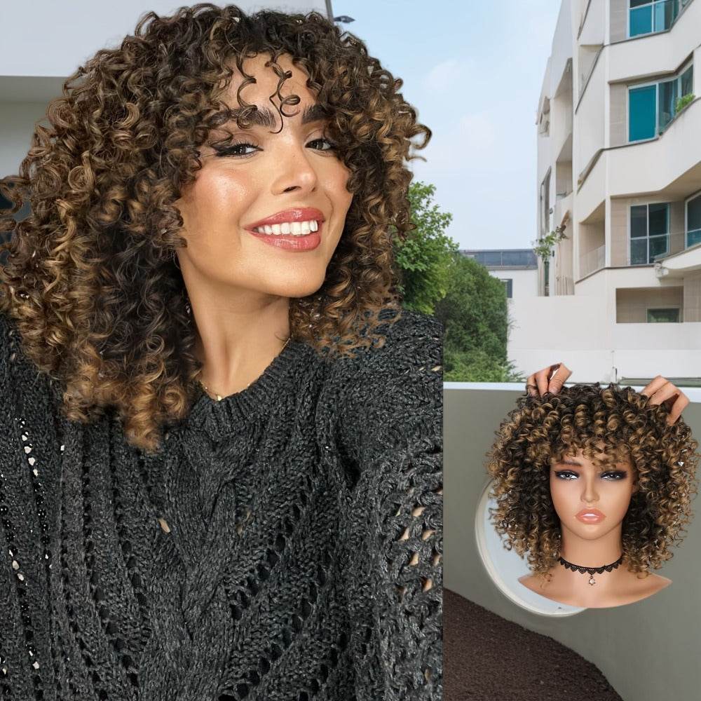 Afro Kinky Curly Wig for Black Women Short Synthetic Hair with Bangs 180% High Density Natural Fluffy Curls Stretch Cap Daily Wear Party Cosplay Fits All Head Sizes