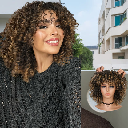 Afro Kinky Curly Wig for Black Women Short Synthetic Hair with Bangs 180% High Density Natural Fluffy Curls Stretch Cap Daily Wear Party Cosplay Fits All Head Sizes