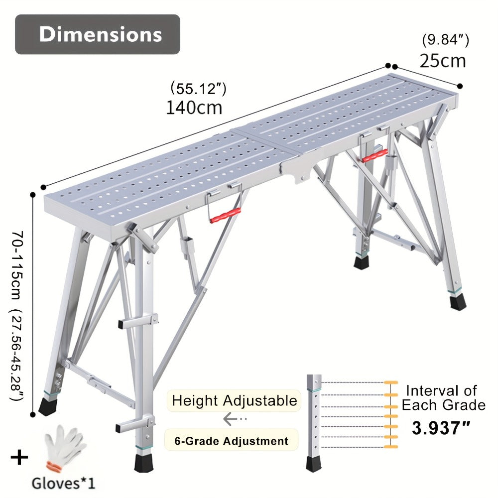 Adjustable Folding Scaffolding Work Platform, Portable Drywall Bench Step Ladder with Anti-Slip Feet & Safety Lock