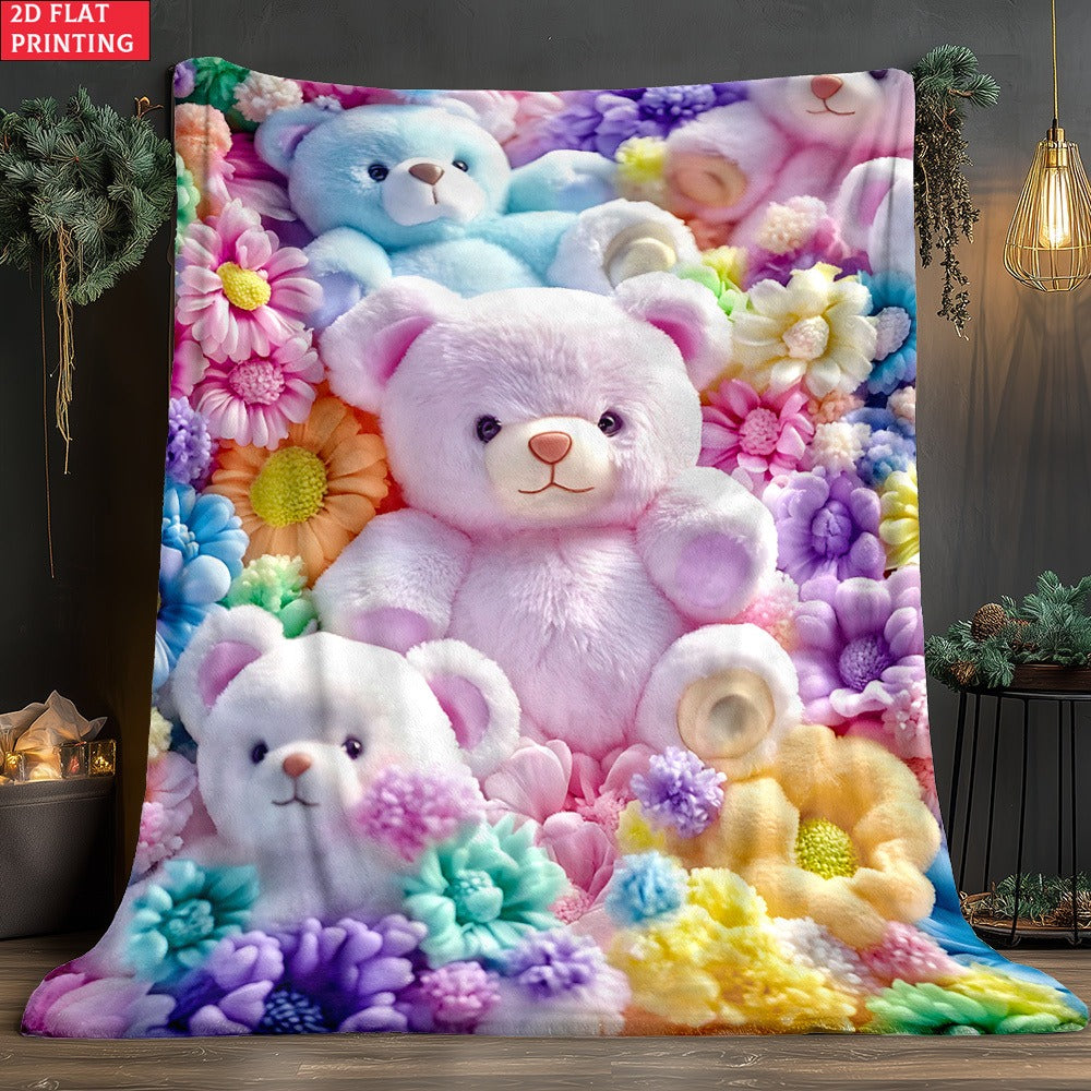 Teddy Bear and Floral Print Throw Blanket with Colorful Flat Graphic and Exact 39.41 by 50.8 Inch Option