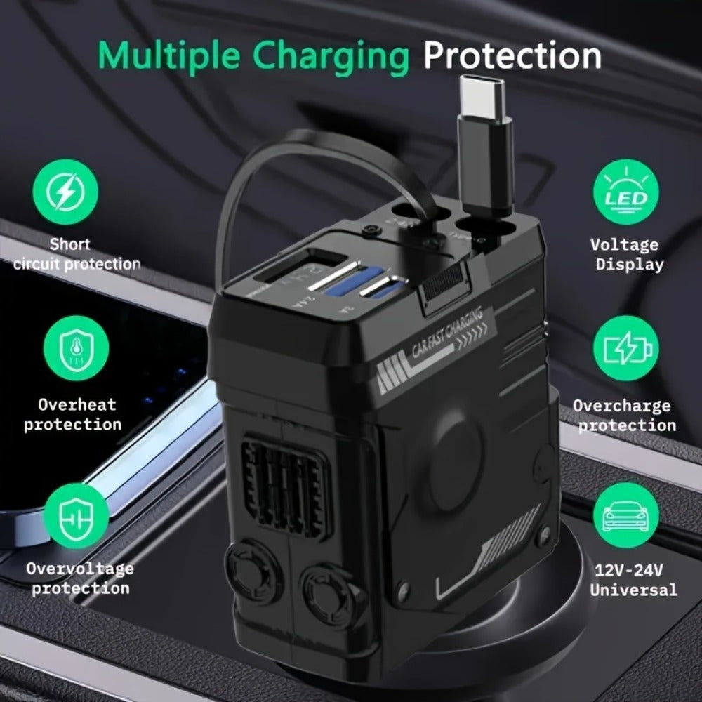 Dual Retractable Cable Car Charger 4-in-1 with Lightning & Type-C 31in, 2 USB-A Ports & Voltage Supervision – Tangle-Free Fast Car Phone Charger for iPhone Samsung Android, Multi Port Car Charging Adapter 4 Colors