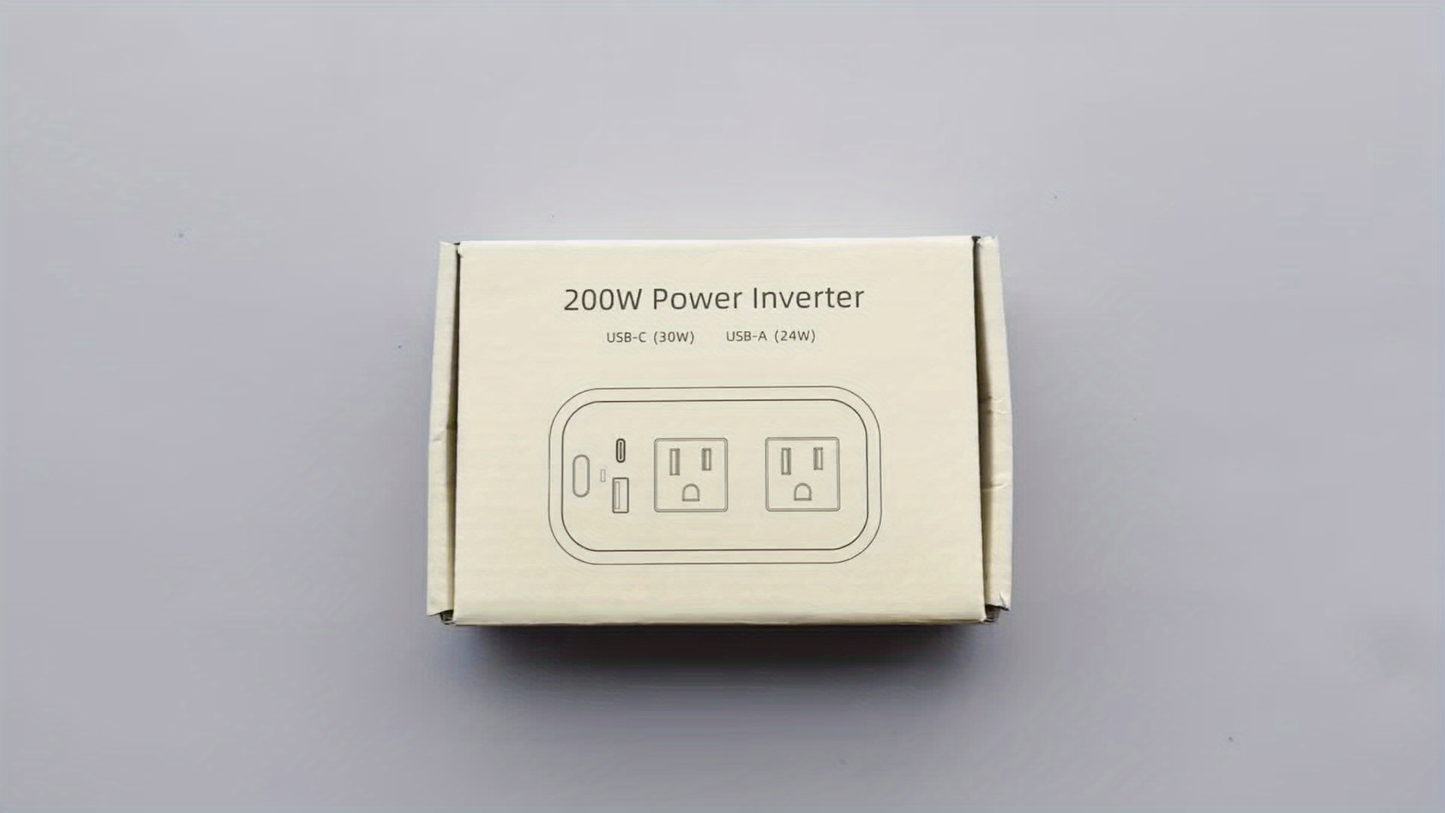 White-and-Black 200W Car Power Inverter with Two AC Outlets, 30W PD USB-C and 24W QC3.0 Ports