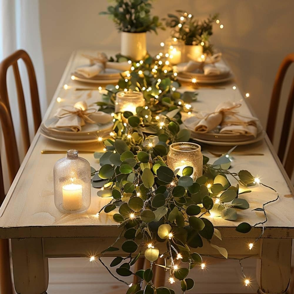 String Lights, Four-Piece Eucalyptus Leaf Wreath Set with 20 Warm LEDs per Strand and Battery Power