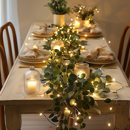 String Lights, Four-Piece Eucalyptus Leaf Wreath Set with 20 Warm LEDs per Strand and Battery Power