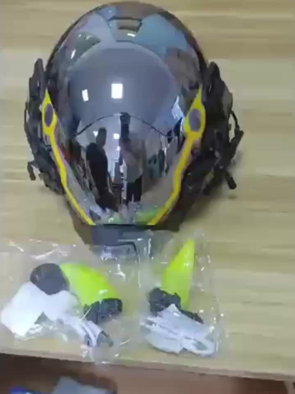 Pink LED Cyberpunk Costume Mask with Horned Full-Face Helmet, Reflective Visor and Lighted Accent Lines