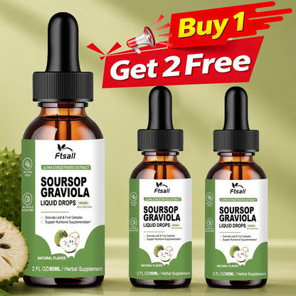 Herbal Supplement with Ftsall Label, Soursop Graviola Liquid Drops 1800mg per Serving, 2 fl oz, One to Three Packs