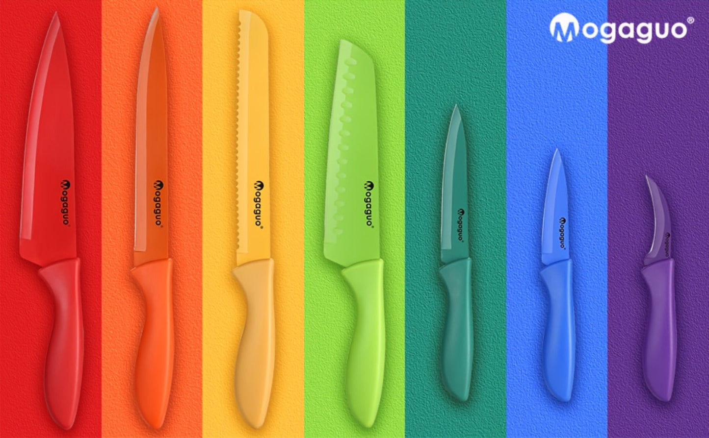 Kitchen Knife Set 14-Piece Rainbow Stainless Steel with Seven Knives and Seven Matching Blade Guards