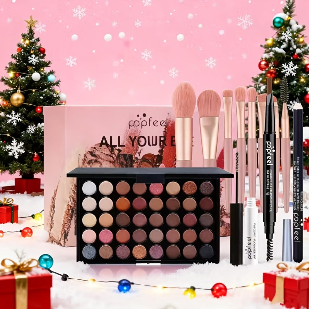 Makeup Gift Set POPFEEL 29-Color Eyeshadow Palette + Mascara + Eyeliner + Brow Pencil + Highlighter Powder + 7-Piece Brush Set | Complete Eye & Face Kit for All Skin Types | Beginner Friendly