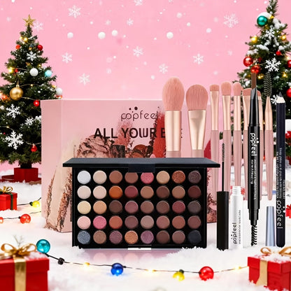 Makeup Gift Set POPFEEL 29-Color Eyeshadow Palette + Mascara + Eyeliner + Brow Pencil + Highlighter Powder + 7-Piece Brush Set | Complete Eye & Face Kit for All Skin Types | Beginner Friendly