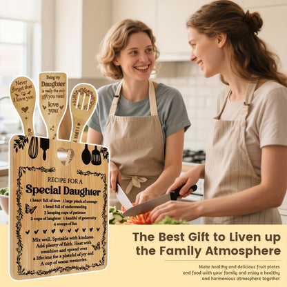 Engraved Bamboo Cutting Board Gift Set for Daughter, Recipe for a Special Daughter Kitchen Utensil Set, Personalized Birthday Christmas Gifts for Daughter from Mom Dad, Unique Sentimental Kitchen Gift