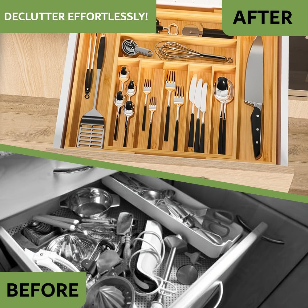 Cutlery Tray Kitchen Organizer Expandable Bamboo Drawer Divider with 5-Slot, 9-Slot or Two-Pack Options