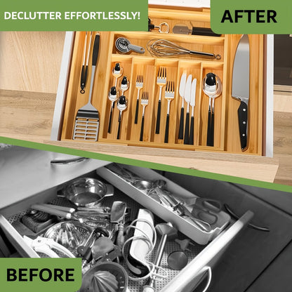Cutlery Tray Kitchen Organizer Expandable Bamboo Drawer Divider with 5-Slot, 9-Slot or Two-Pack Options