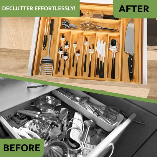 Cutlery Tray Kitchen Organizer Expandable Bamboo Drawer Divider with 5-Slot, 9-Slot or Two-Pack Options