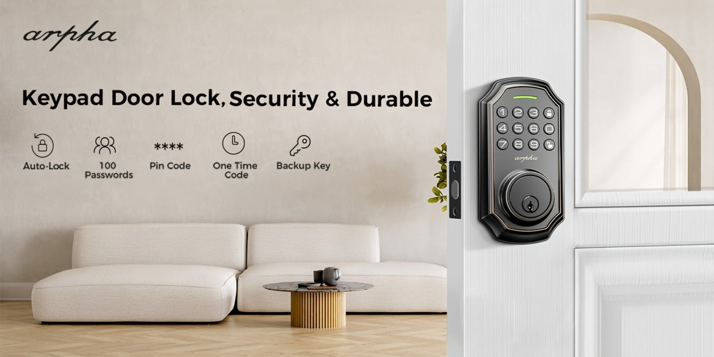 100 Code Keypad Door Lock Smart Keyless Entry Deadbolt – Anti-Peep Password, One-Touch Auto Lock, Fingerprint & WiFi Options, Zinc Alloy Front Door Lock, Easy Install, Low Battery Alarm, Black Silver