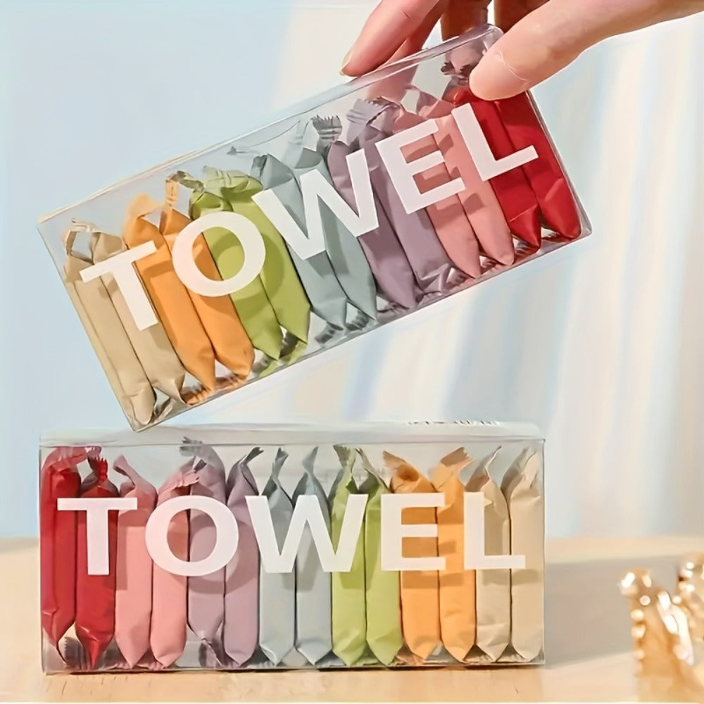 36-Piece Compressed Disposable Face Towel Set with Individually Wrapped Mixed Colors for Dry or Wet Travel Use