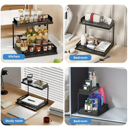 Two-Tier Pull-Out Cabinet Organizer with Upper and Lower Sliding Trays in Grey, Black or White Package Options