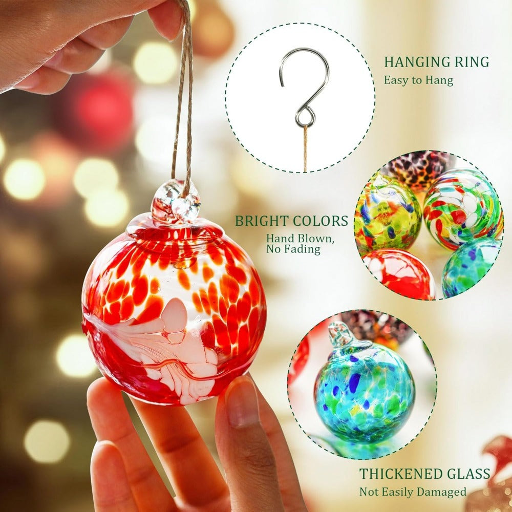 Hand Blown Glass Christmas Ornaments Set of 6 - Multicolor Hanging Ball Decorations for Entryways, Bedrooms and Living Spaces