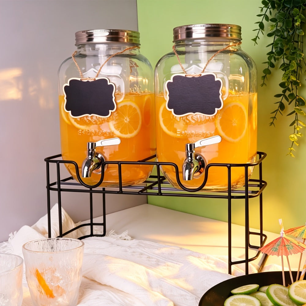 Two 1-Gallon Glass Beverage Dispensers with Spigots and Raised Metal Stand for Parties and Events