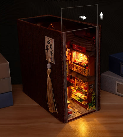 Chinese Food Street Book Nook Kit with LED-Lit Miniature Shops, Sliding Dust Cover and Wooden Shelf Insert
