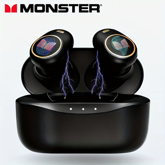 Monster True Wireless Earbuds Bluetooth 5.3 TWS Hi-Fi Sound Dual Noise-Cancelling Mic Touch Control Type-C Charging Case Lightweight Comfortable Fit Premium Black Gold Earphones