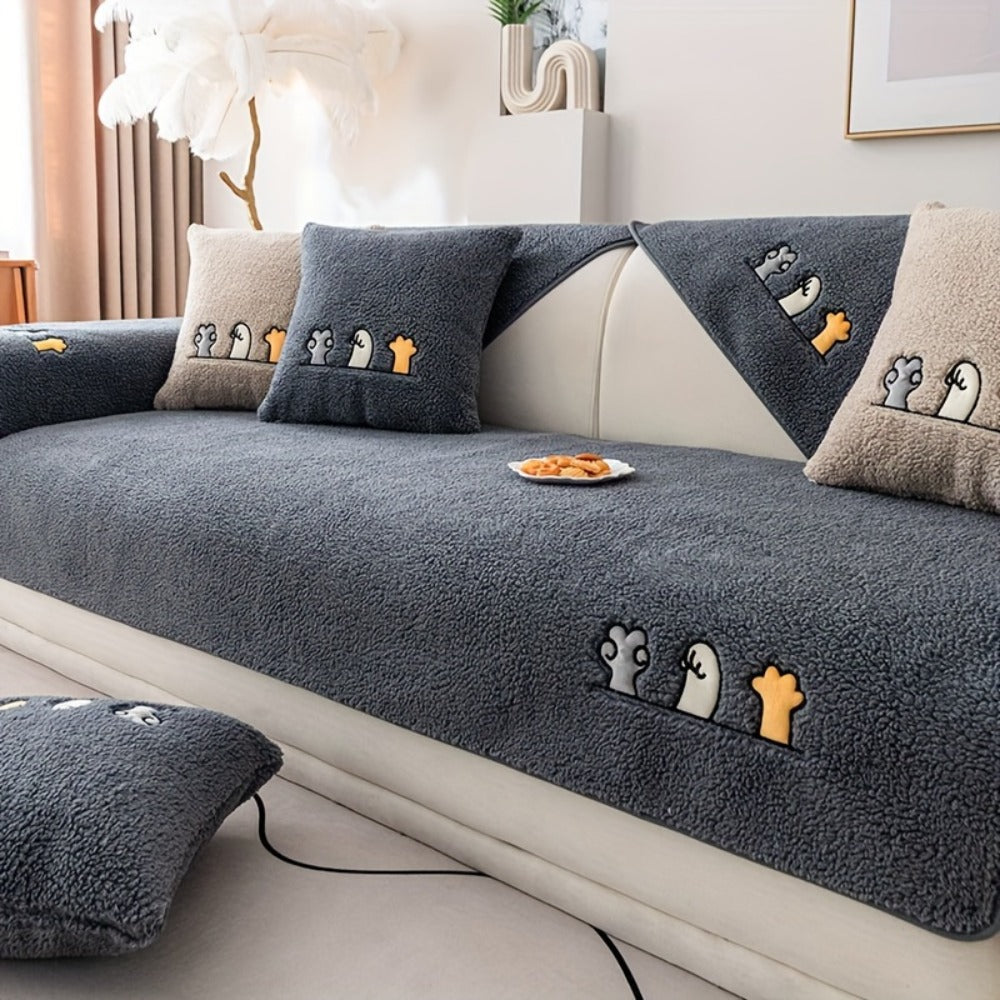 Sofa Cover Thick Plush Shearling Panels with Animal and Bone Embroidery and Non-Slip Feature for 2 to 4 Seats