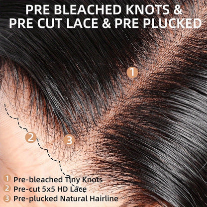 Lace Front Wig Deep-Wave Human Hair, 14-Inch Natural Black with 250% Density and Pre-Cut Buckle Cap