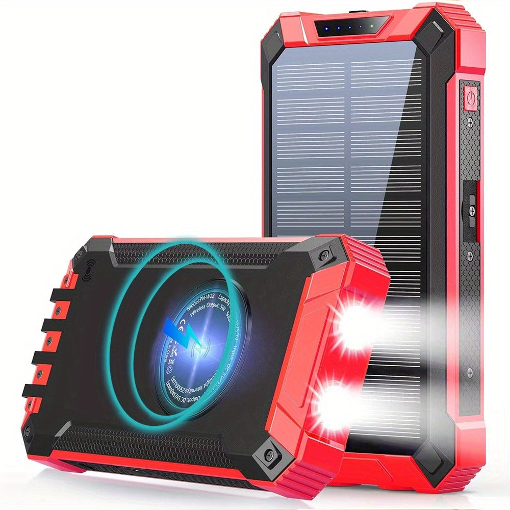 42800mAh Solar Power Bank Wireless Charging with 4 Built-In Cables – 6 Output Ports 15W Fast Charge Dual LED Flashlight Portable Battery Pack for iPhone Samsung Android Camping Travel Emergency