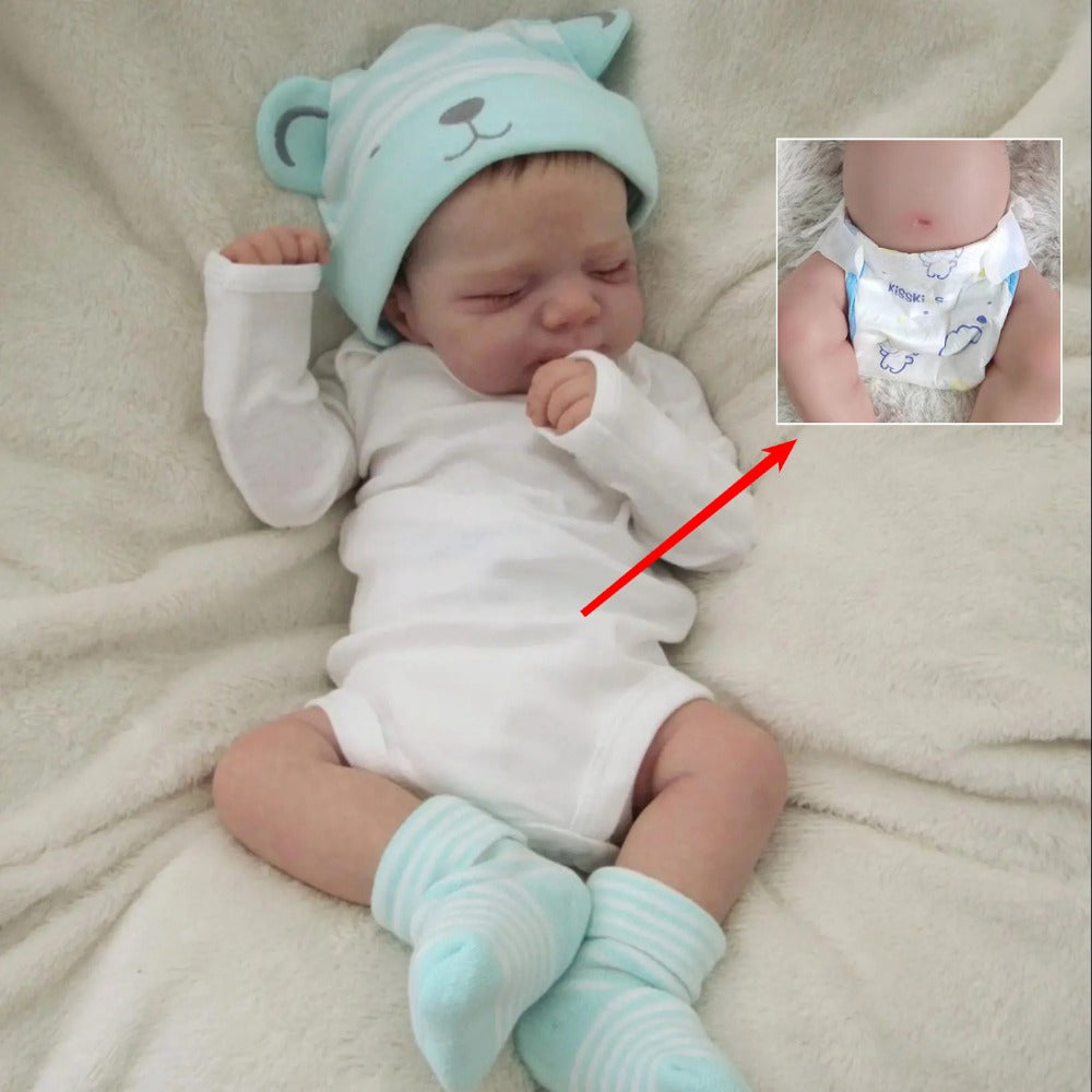 Closed-Eye 19-Inch Baby Doll with Full Vinyl Body, Mint Bear Hat and White Outfit for Pretend Play
