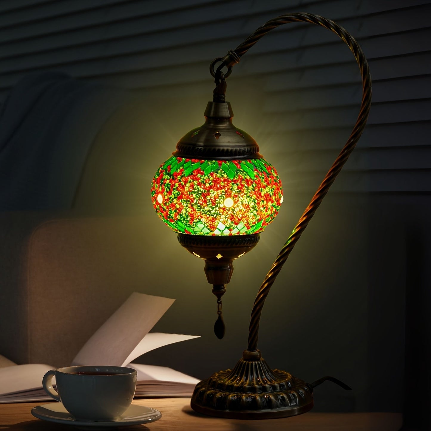 Mosaic Table Lamp Turkish Moroccan Style Handmade Swan Neck Glass Bedside Lamp 3 Color Modes LED Bulb Included Metal Base for Bedroom Living Room