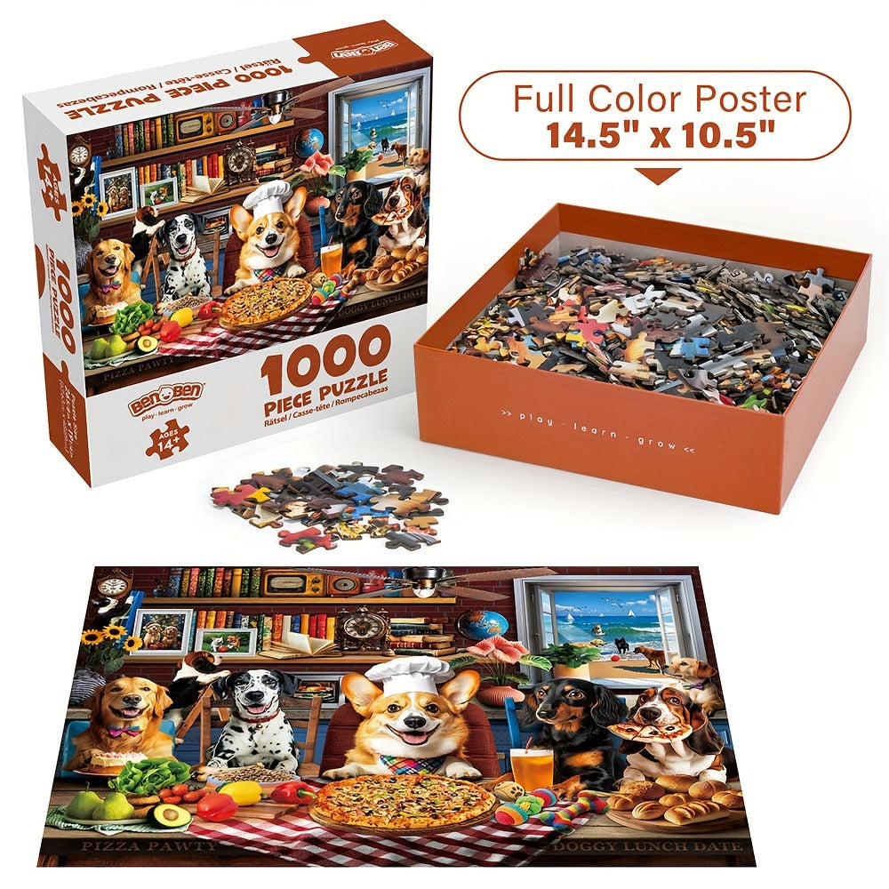 Dogs Dinner Party Jigsaw Puzzle in 500- or 1000-Piece Options with Lettered Backs and Reference Poster for Adults