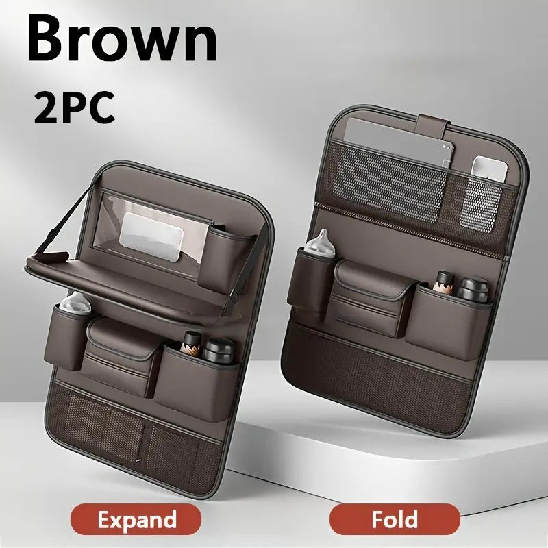 Faux Leather Car Seat Back Organizer with Foldable Tray and Tablet Stand in Black, Gray or Brown, One- or Two-Piece Packs