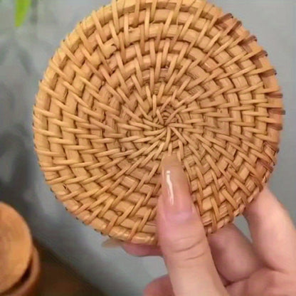 Six-Piece Round Rattan Woven Coaster Set, 3.93-Inch Drink Mats in Natural Khaki for Tabletop Display