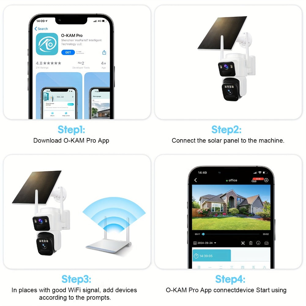 Security Camera Dual-Lens Solar Model with PIR Detection, Two-Way Audio, Spotlight Alarm and TF Card Options