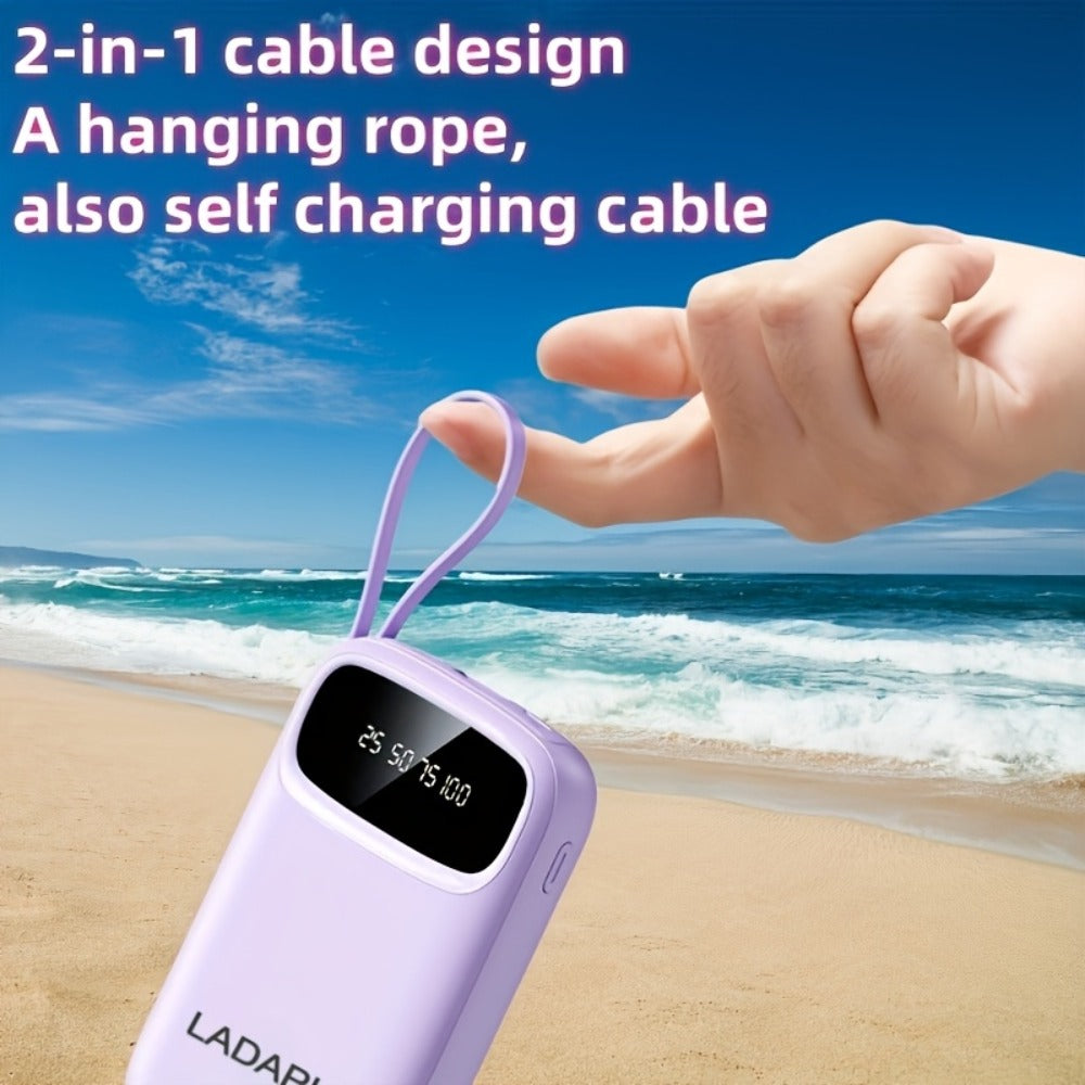Power Bank 10000mAh with Three Built-In Cables, 5W/15W/22.5W Options, Digital Display and Lanyard