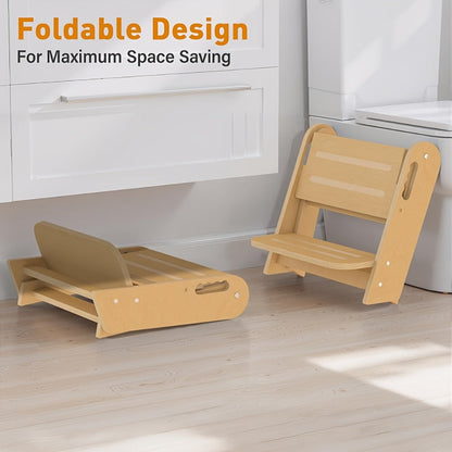 Foldable Step Stool Non-Slip Double-Tier with Handle Portable Toilet Training Stool for Bathroom Kitchen Bedroom Countertop Sink Kids Adults Natural Wood Finish Sturdy Step Ladder