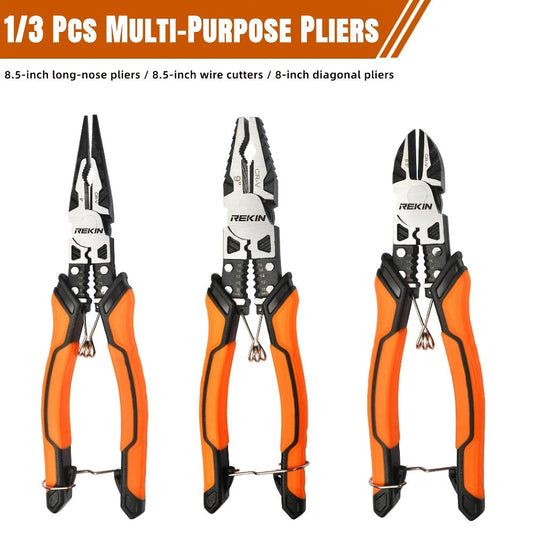 Pliers Set 9-in-1 Multi-Function Industrial Grade, 8.5" Lineman Pliers, 8.5" Long Nose Pliers, 8" Diagonal Side Cutters, CRV Steel TPR Handle Wire Stripper Crimper Cutter for Electrical & Auto Repair
