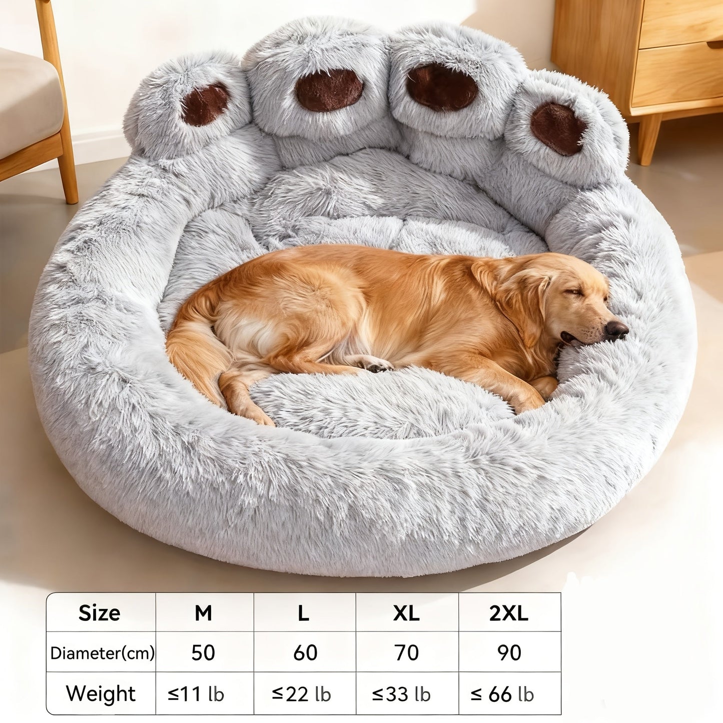 Dog Bed Cat Bed Bear Paw Round Plush Non-Slip – Soft Warm Cuddler Pet Mattress for Puppy, Small, Medium & Large Dogs and Cats, Sizes 20–36 Inch, Colors: Coffee, Pink, Gray